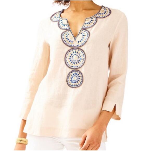 Lilly Pulitzer Tunic Top Women Small Tan Amelia Island Linen Beaded Oyster Shell - Picture 1 of 9